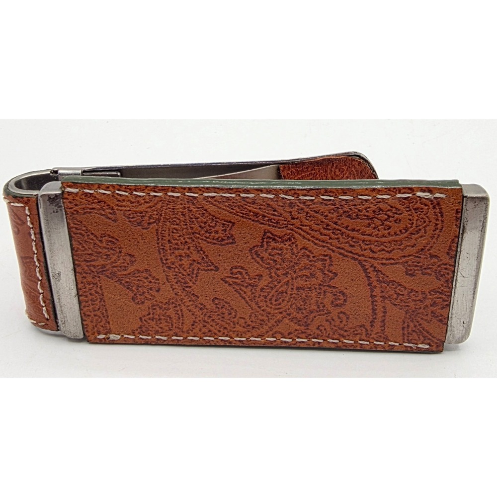 Cole Haan Money Clip Brown Paisley Embossed Leather Silver Hardware Mens Wallet